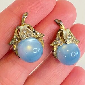 Vintage Art Nouveau Blue Moonstone Rhinestone Clip Earrings Edwardian 1930s